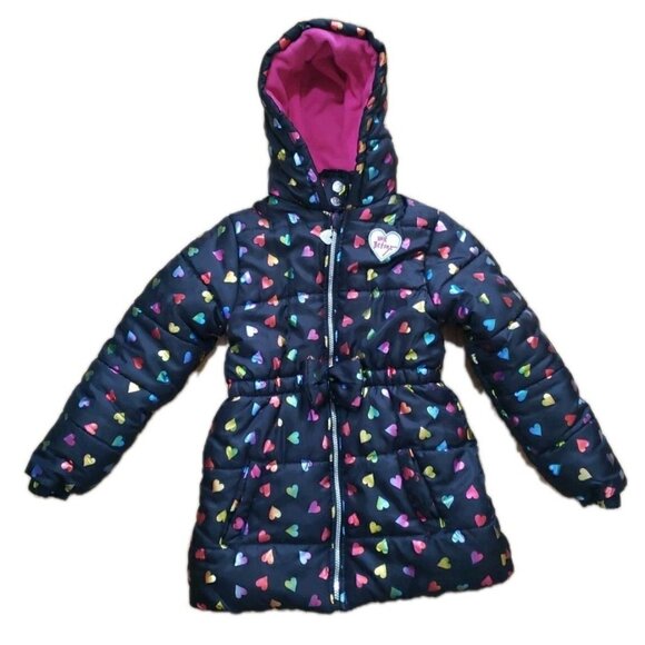Betsey Johnson Jacket Metallic Hearts Puffer Hooded Girls Size 10 Med Zip Bow